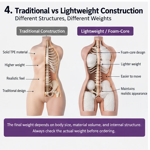 Traditional and lightweight foam core TPE sex doll construction comparison